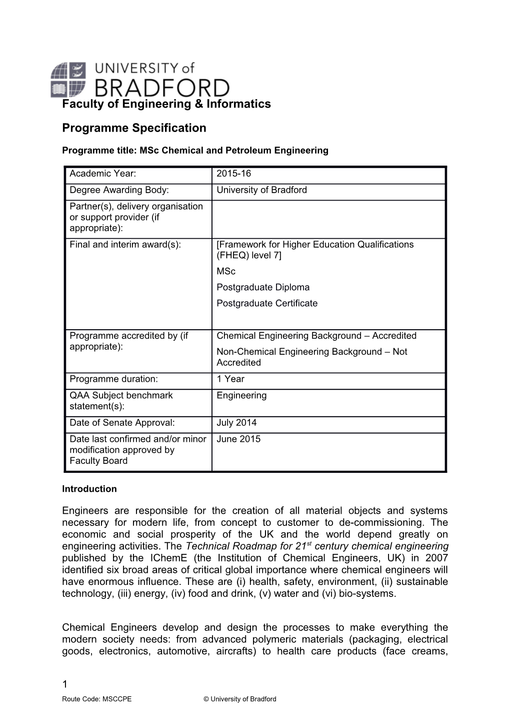 Programme Title: Msc Chemical and Petroleum Engineering