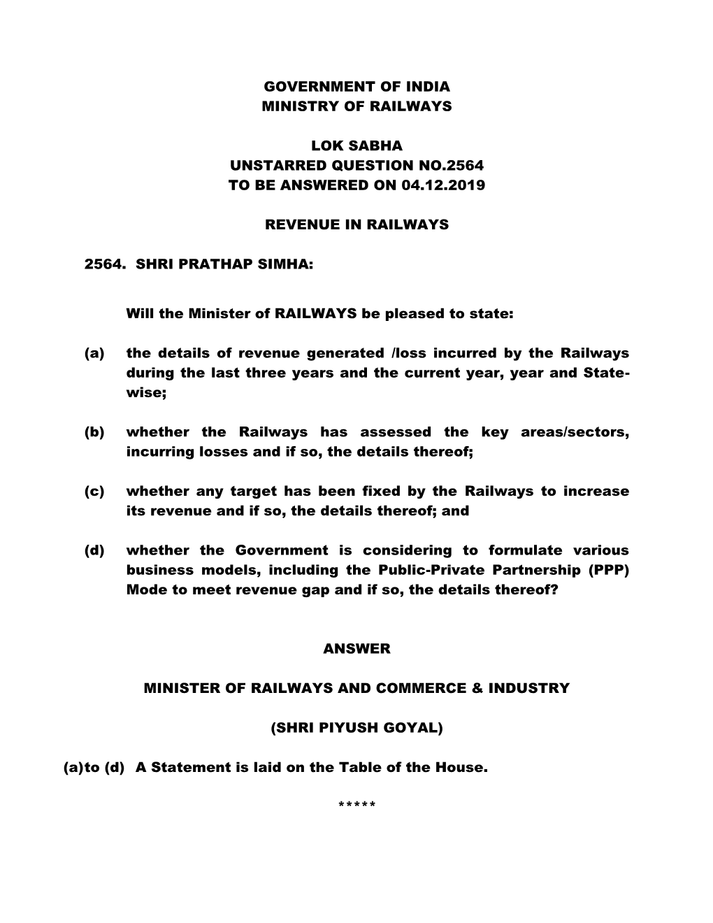 Government of India Ministry of Railways Lok Sabha