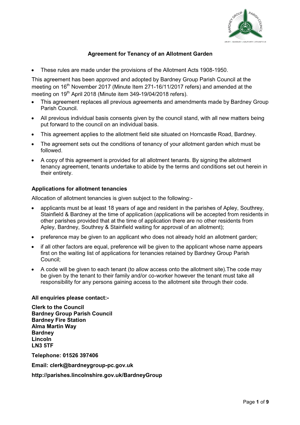 Agreement for Tenancy of an Allotment Garden • These Rules Are