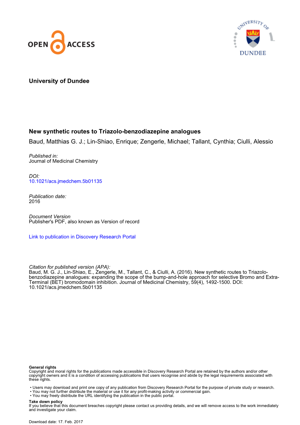 University of Dundee New Synthetic Routes to Triazolo