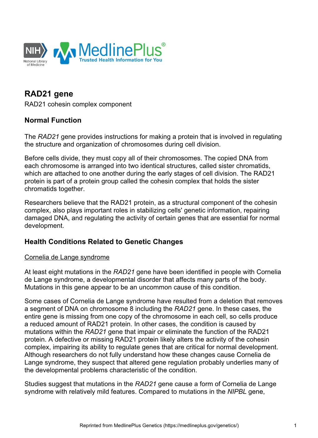 RAD21 Gene RAD21 Cohesin Complex Component