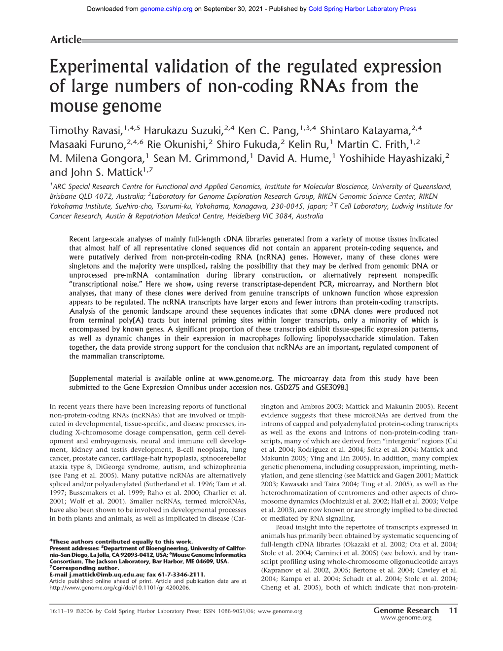 Experimental Validation of the Regulated Expression of Large Numbers of Non-Coding Rnas from the Mouse Genome