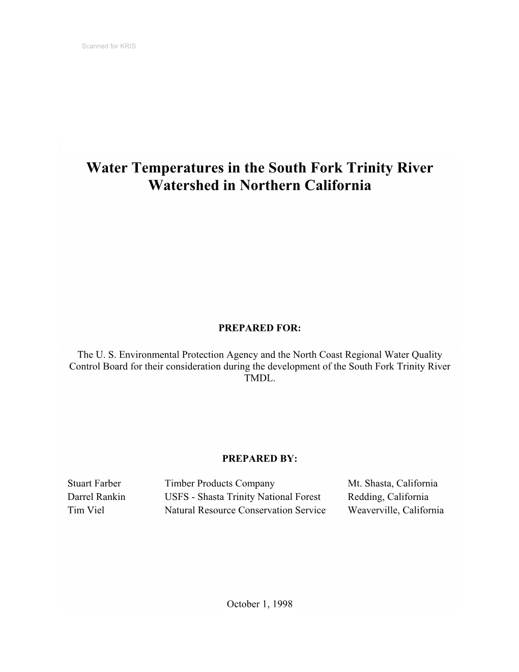 Water Temperatures in the South Fork Trinity River Watershed in Northern California