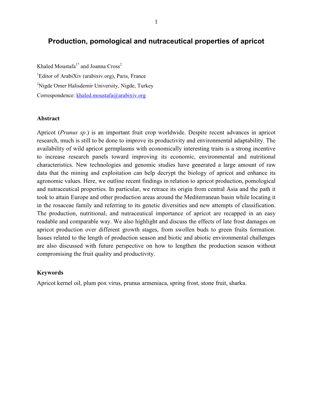 Production, Pomological and Nutraceutical Properties of Apricot