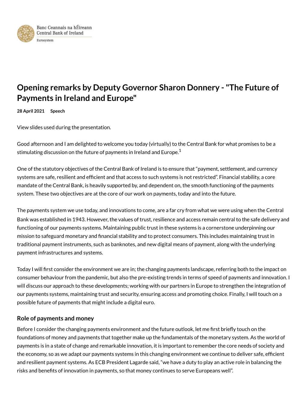 The Future of Payments in Ireland and Europe