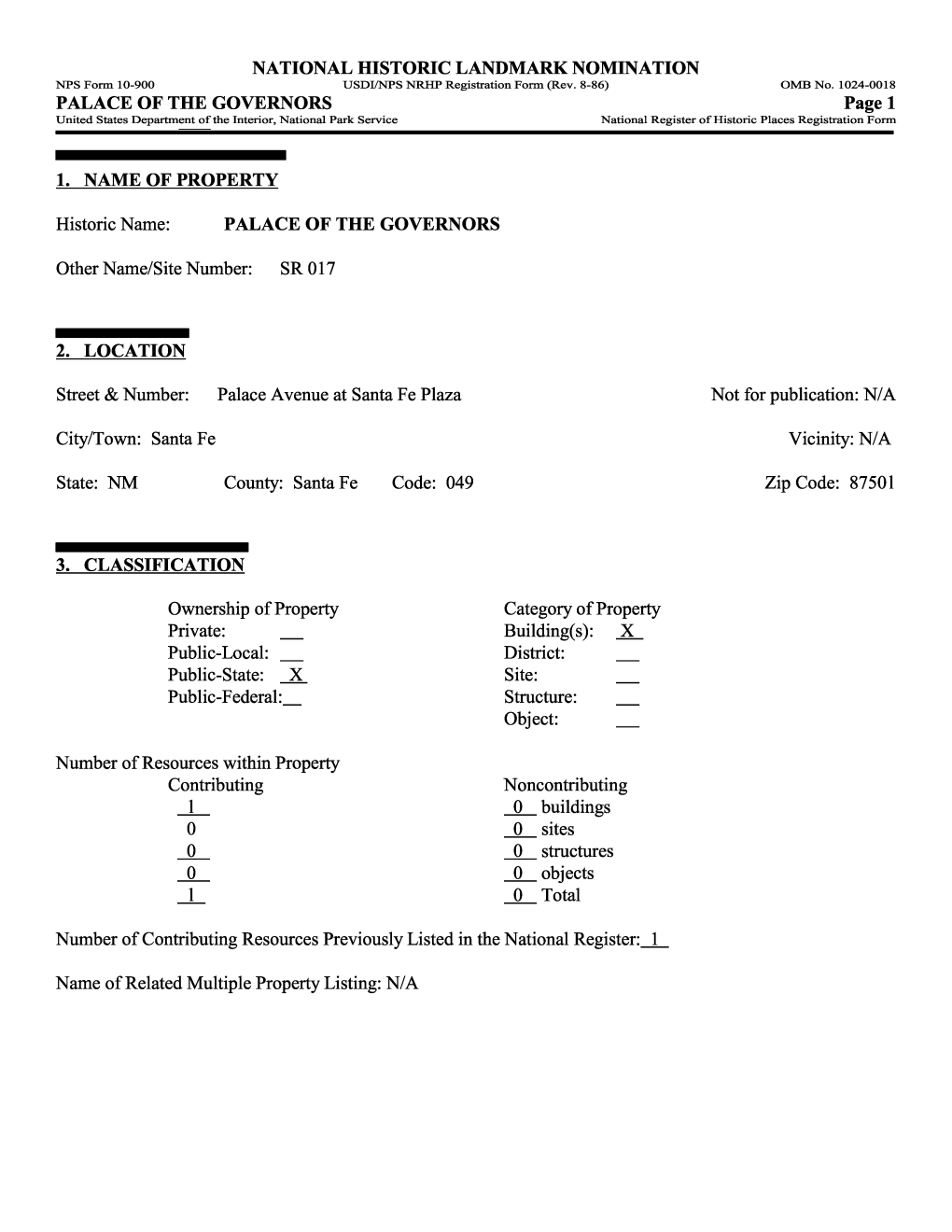 PALACE of the GOVERNORS Page 1 United States Department of the Interior, National Park Service National Register of Historic Places Registration Form