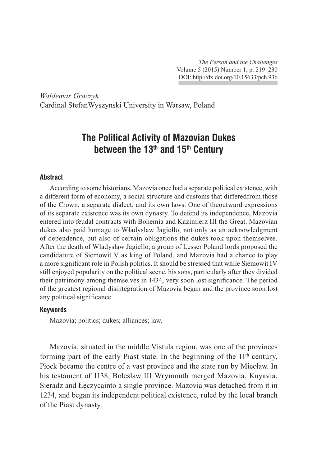 The Political Activity of Mazovian Dukes Between the 13Th and 15Th Century