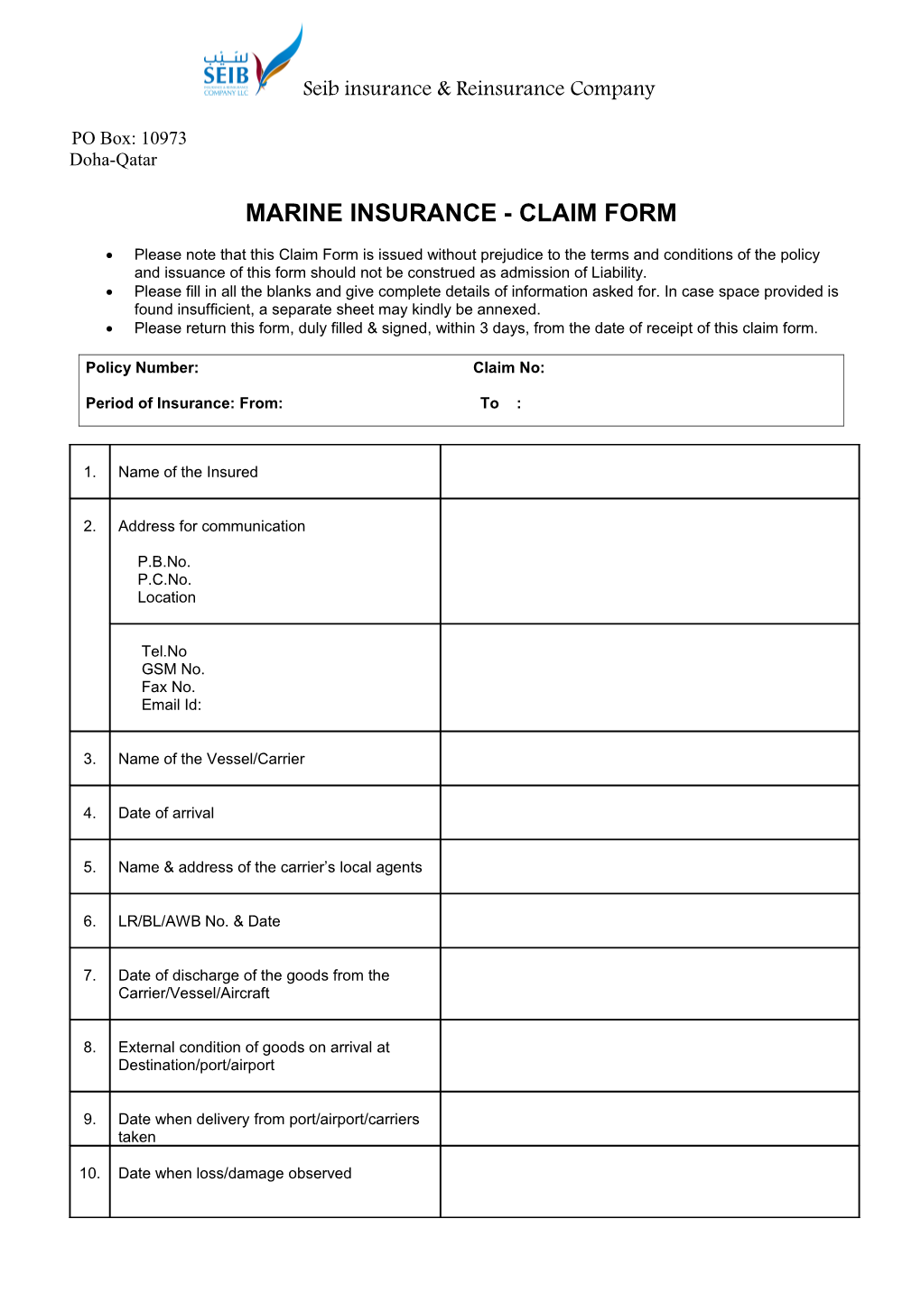 Marine Insurance - Claim Form