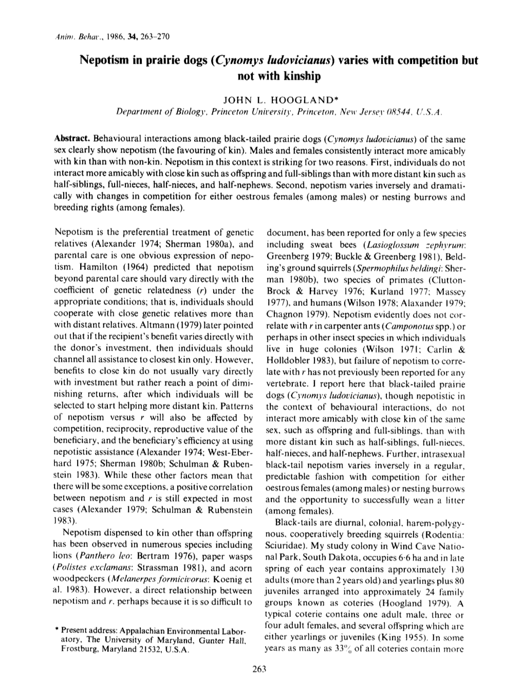 Nepotism in Prairie Dogs (Cynomys Ludovicianus) Varies with Competition but Not with Kinship