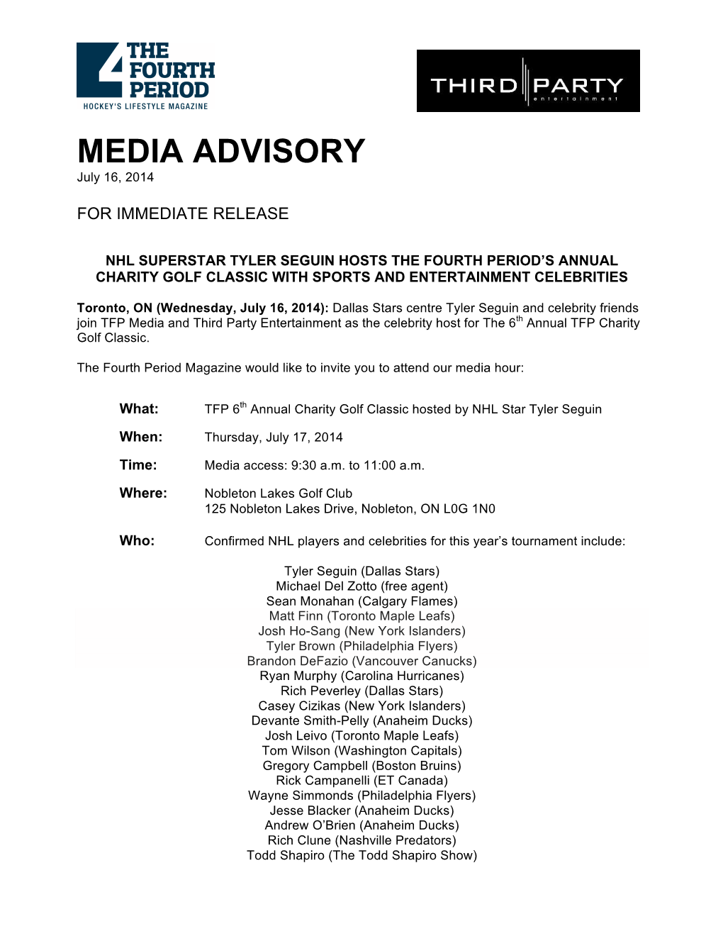 TPE- TFP- Media Advisory, July 16, 2014