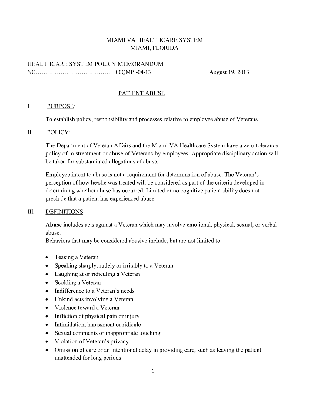 Miami VA Healthcare System Patient Abuse Memorandum