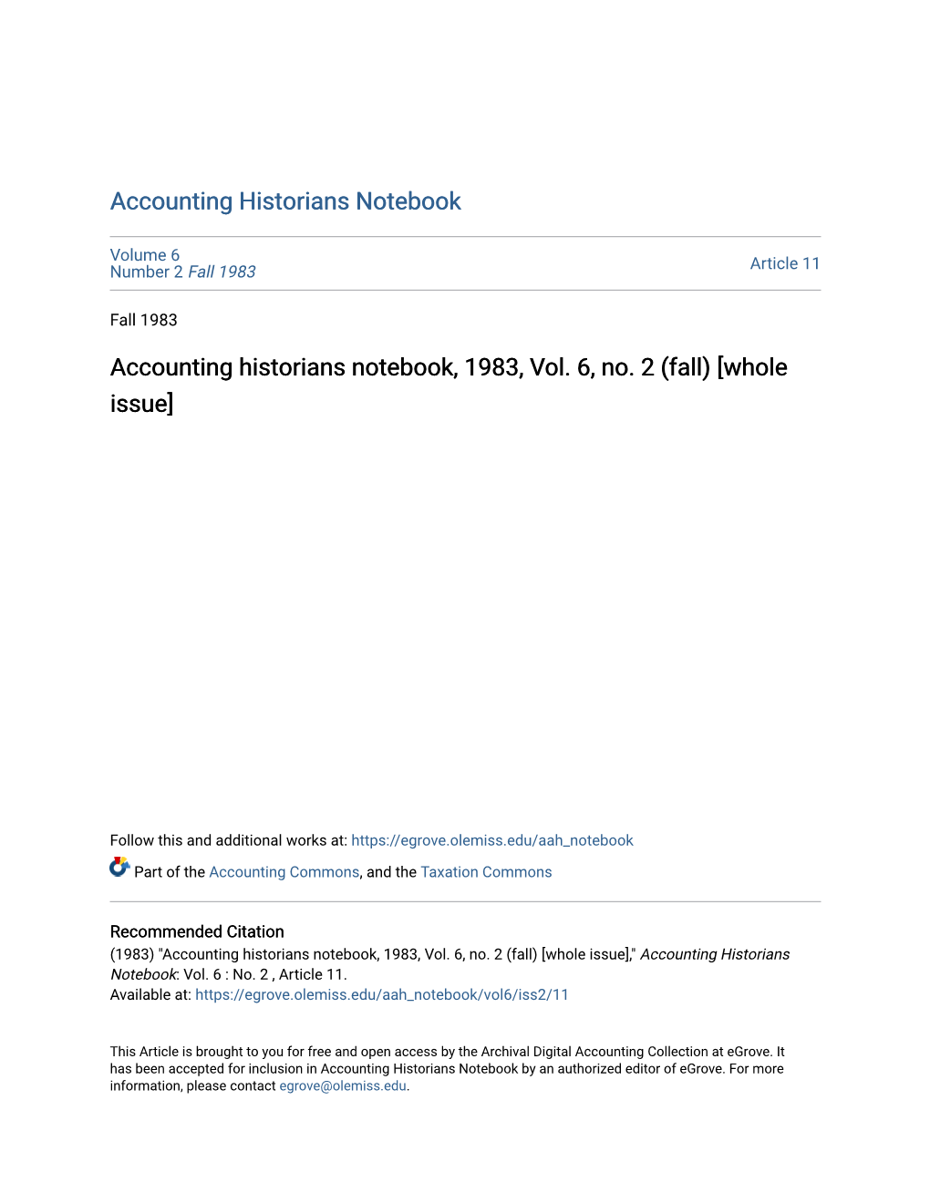 Accounting Historians Notebook, 1983, Vol. 6, No. 2 (Fall) [Whole Issue]