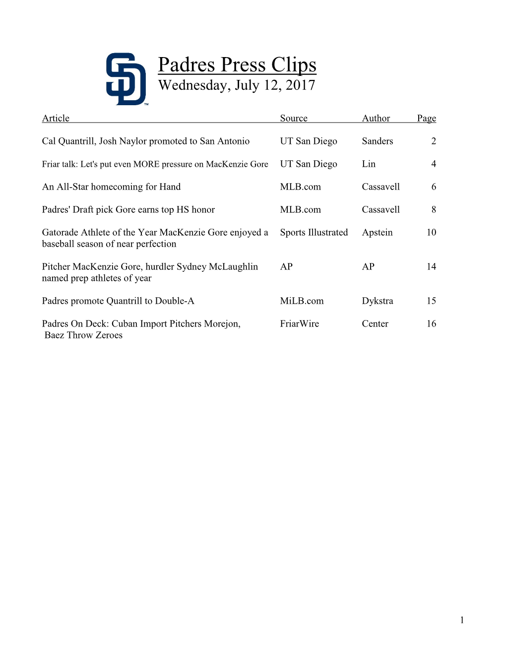 Padres Press Clips Wednesday, July 12, 2017