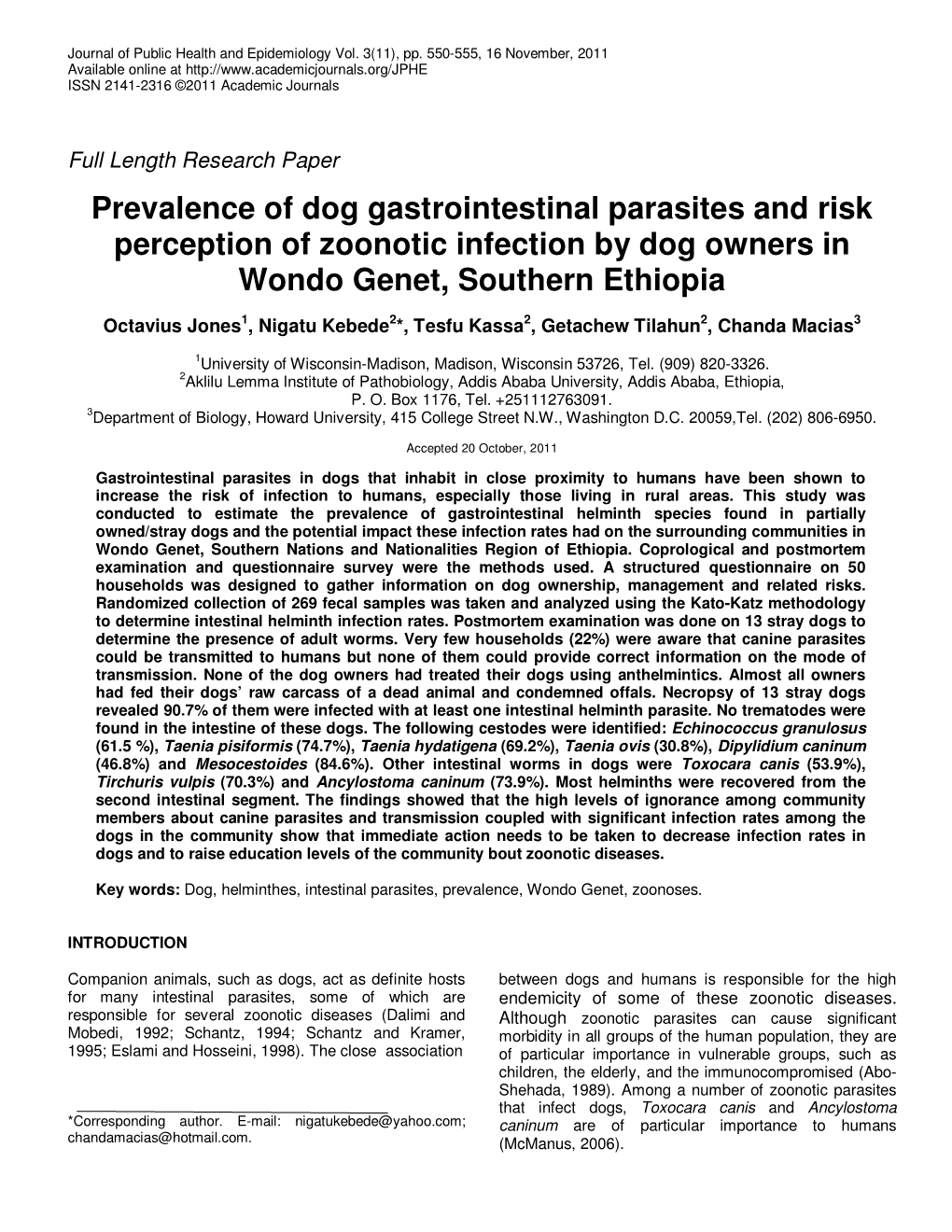 Prevalence of Dog Gastrointestinal Parasites and Risk Perception of Zoonotic Infection by Dog Owners in Wondo Genet, Southern Ethiopia