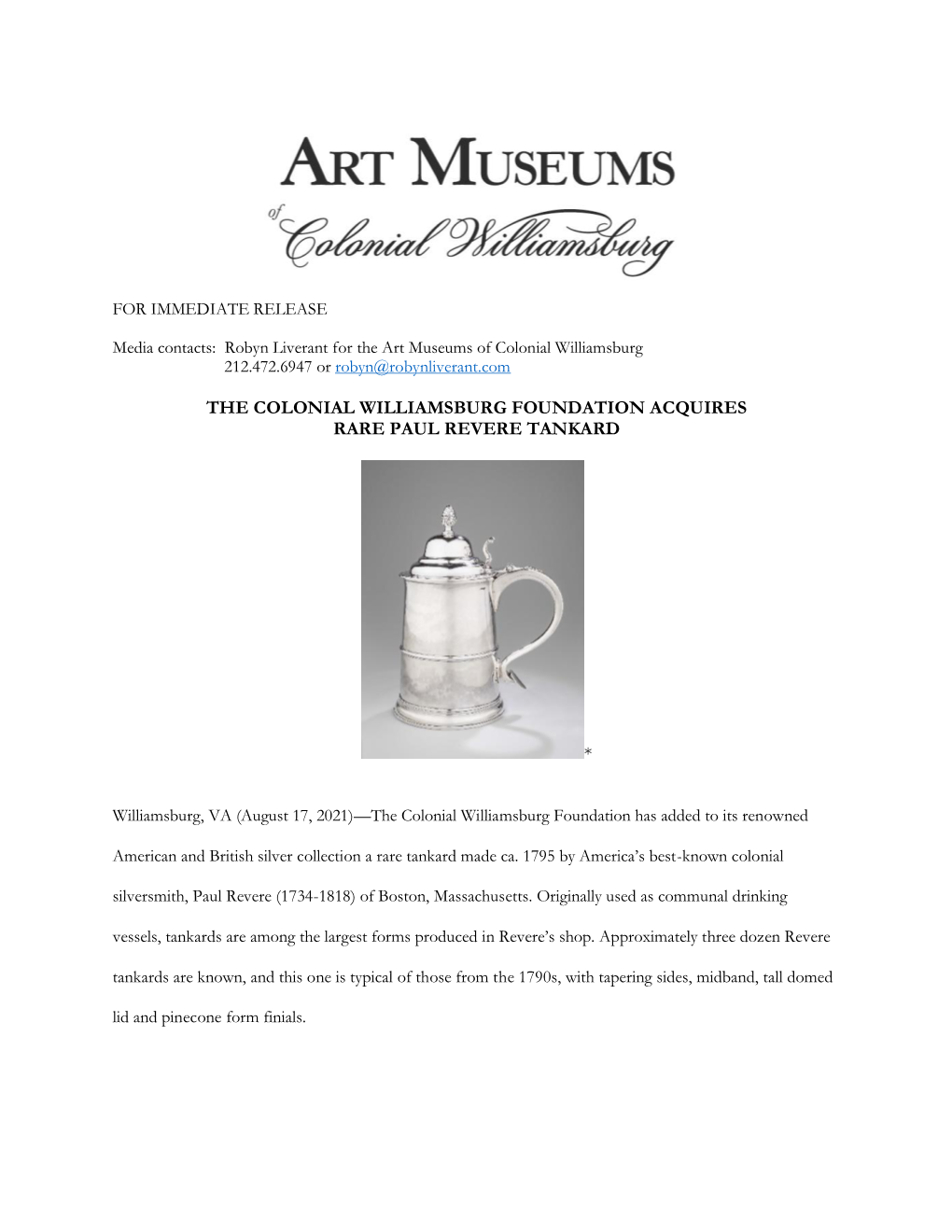 The Colonial Williamsburg Foundation Acquires Rare Paul Revere Tankard