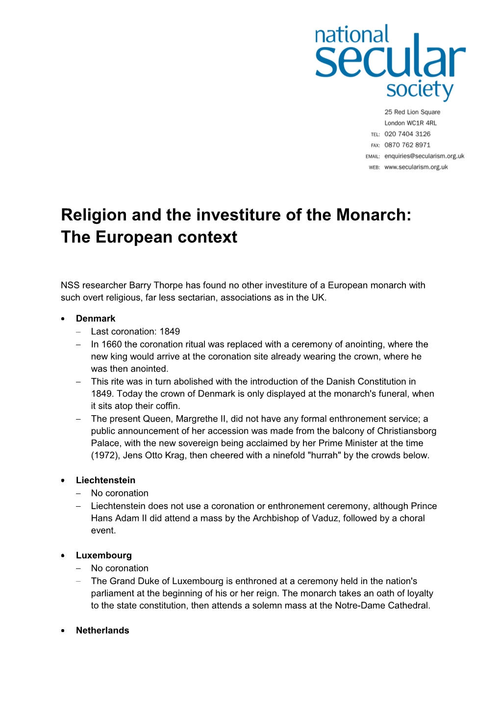 Religion and the Investiture of the Monarch: the European Context