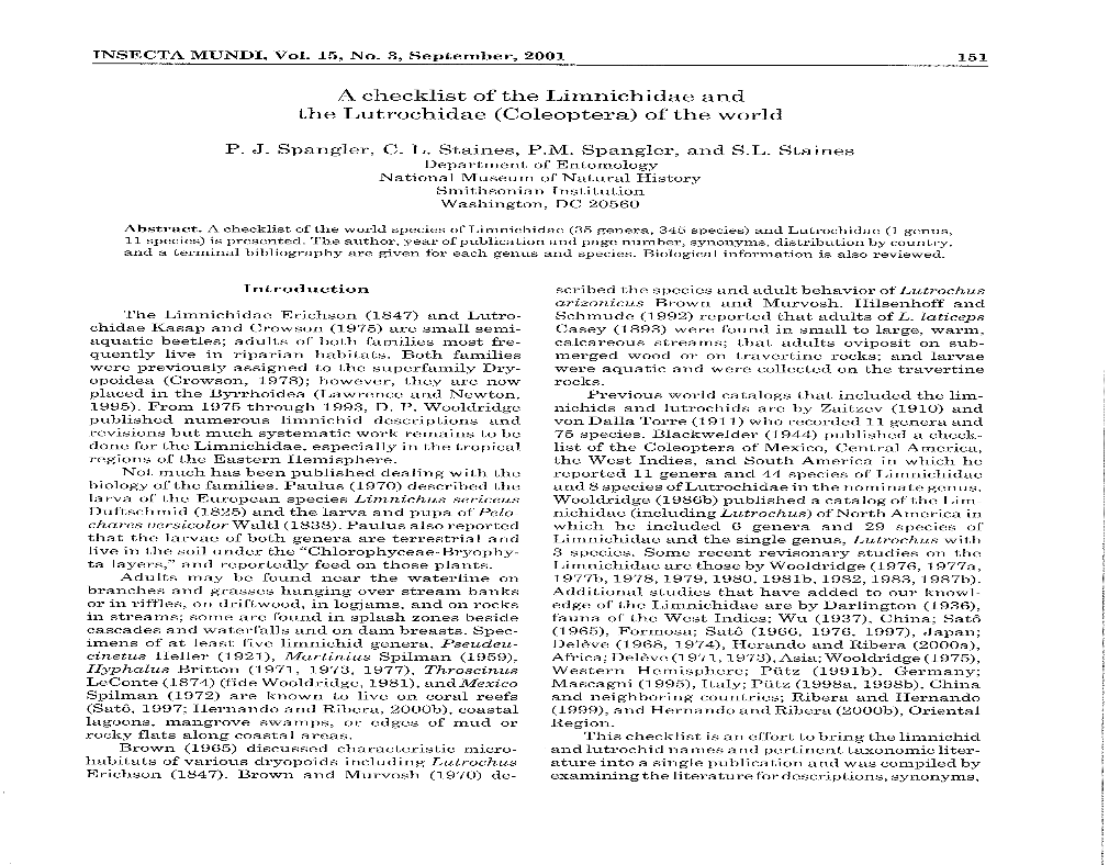 A Checklist of the Limnichidae and the Lutrochidae (Coleoptera) of the World