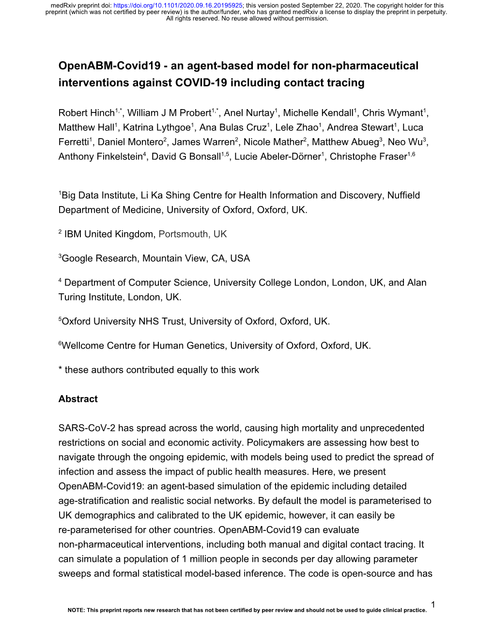 Openabm-Covid19 - an Agent-Based Model for Non-Pharmaceutical Interventions Against COVID-19 Including Contact Tracing