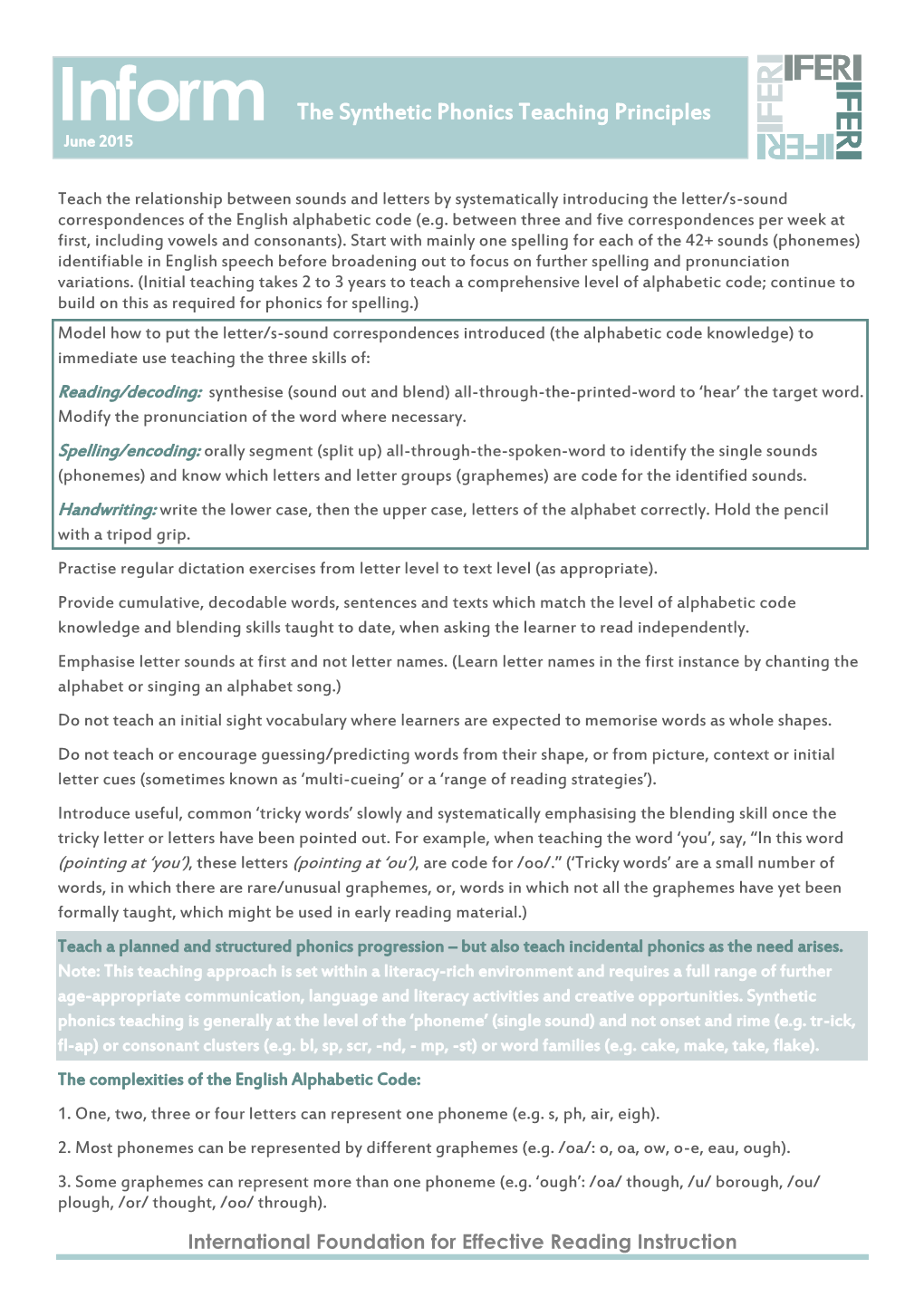 The Synthetic Phonics Teaching Principles June 2015