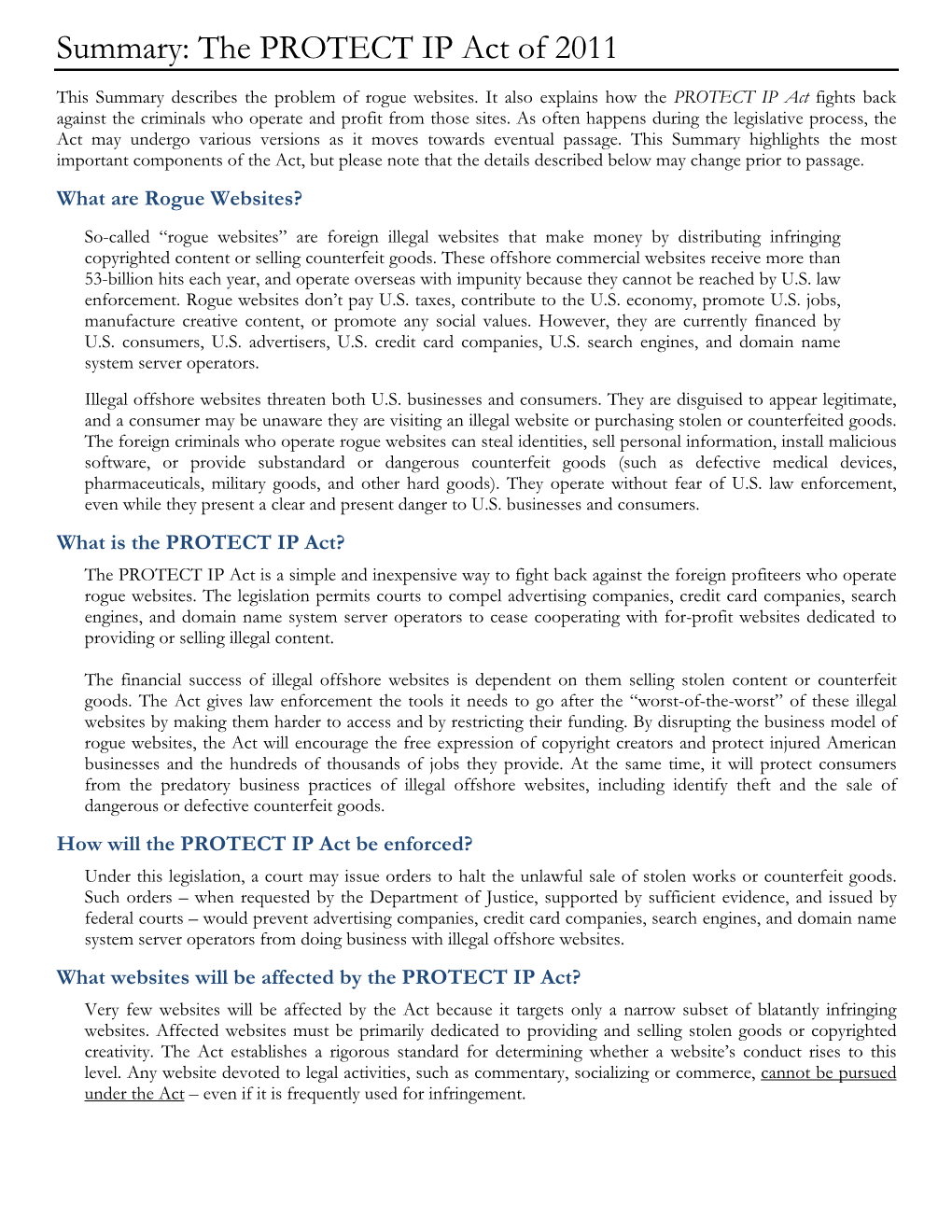 Protect IP Act Summary