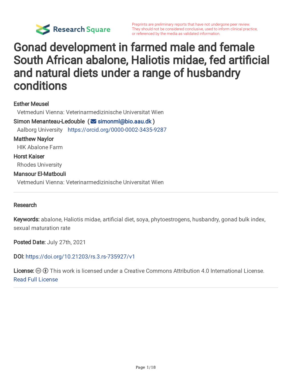 Gonad Development in Farmed Male and Female South African Abalone, Haliotis Midae, Fed Artifcial and Natural Diets Under a Range of Husbandry Conditions