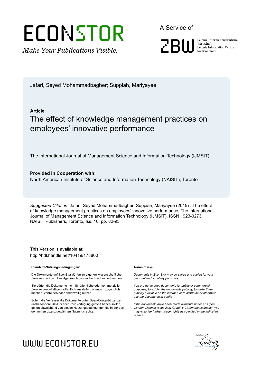 The Effect of Knowledge Management Practices on Employees' Innovative Performance