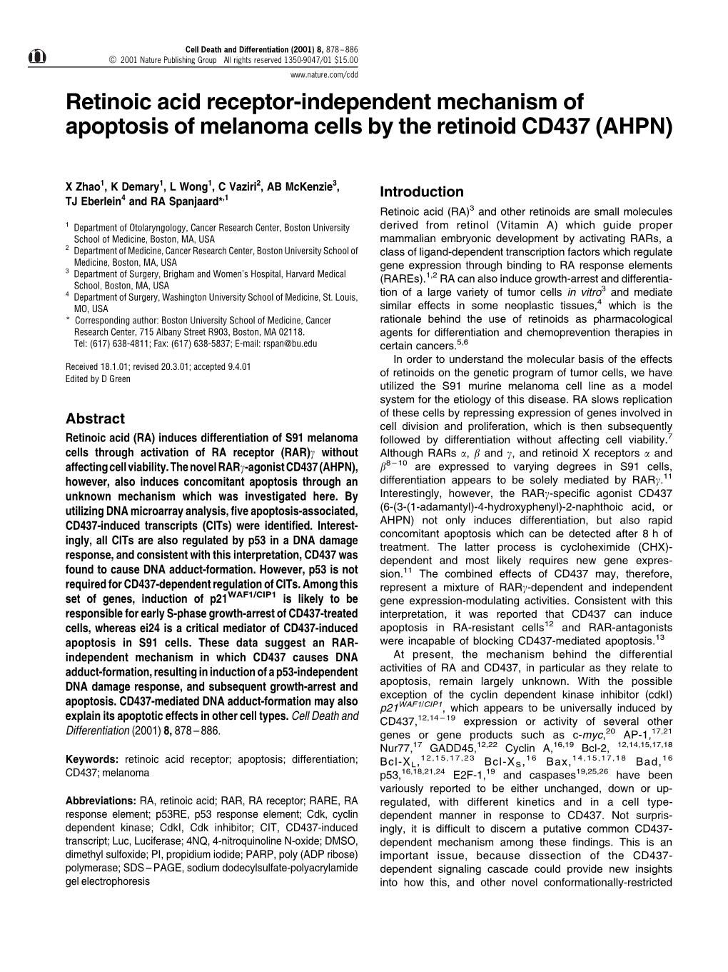 Retinoic Acid Receptor-Independent Mechanism of Apoptosis of Melanoma Cells by the Retinoid CD437 (AHPN)