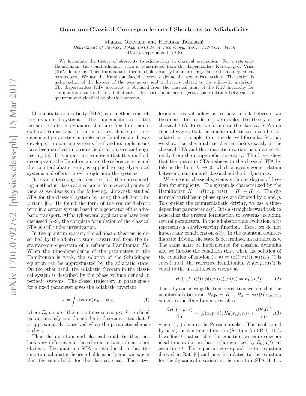 Quantum-Classical Correspondence of Shortcuts to Adiabaticity”