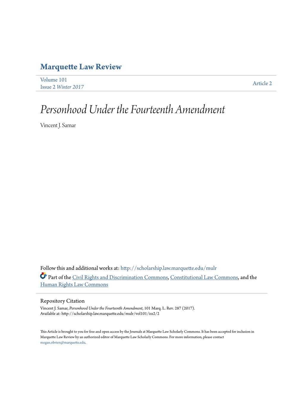 <I>Personhood Under the Fourteenth Amendment</I>