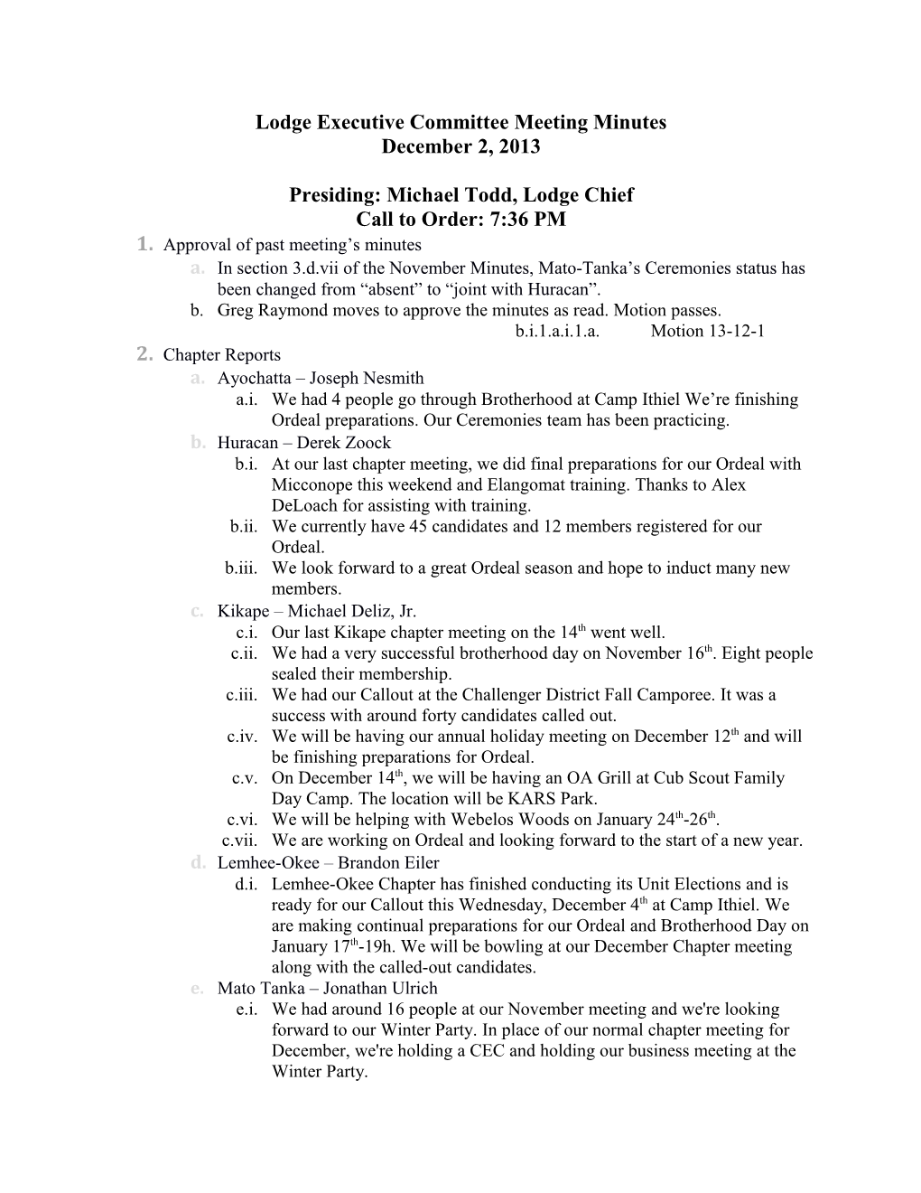 Lodge Executive Committee Meeting Minutes