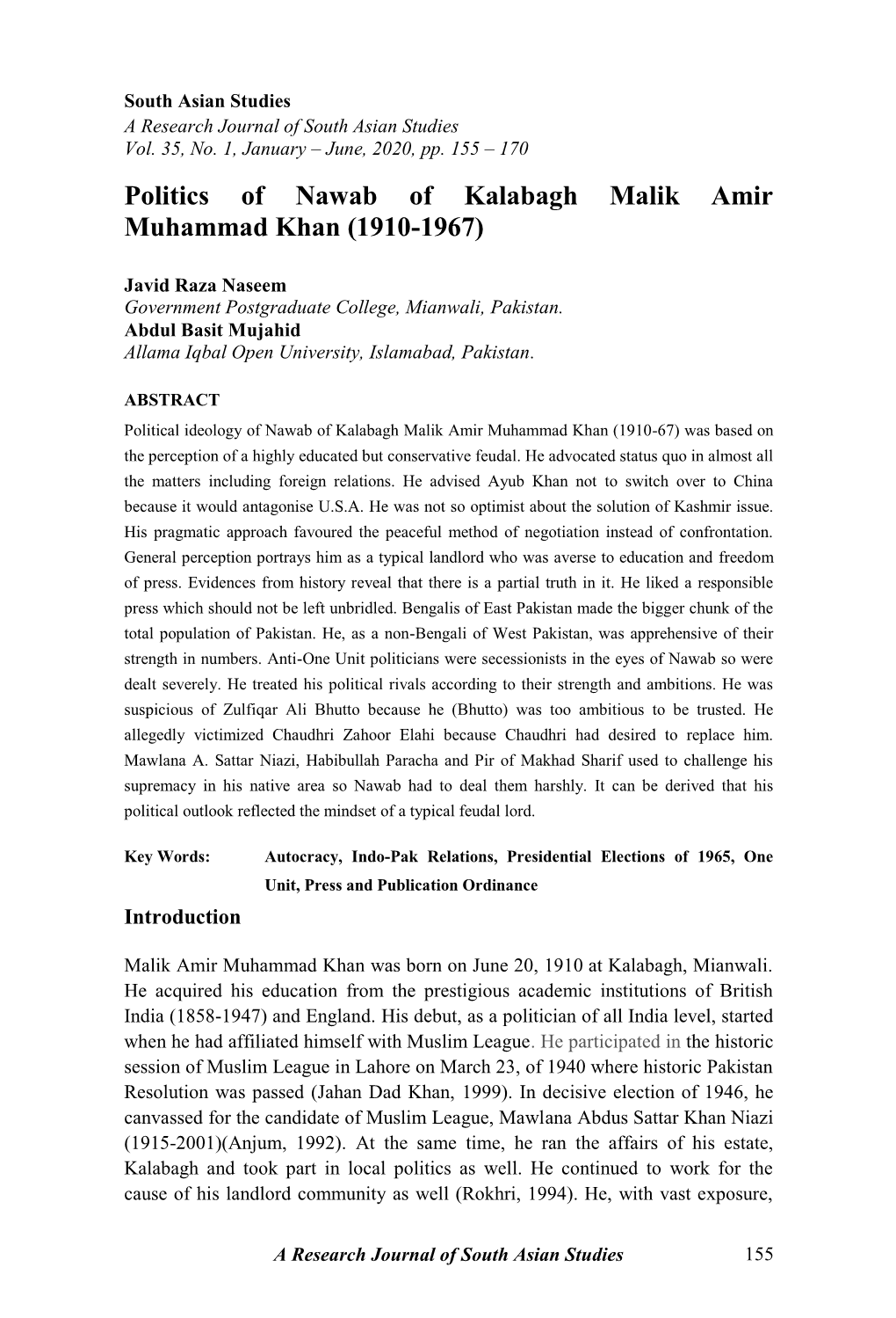 Politics of Nawab of Kalabagh Malik Amir Muhammad Khan (1910-1967)