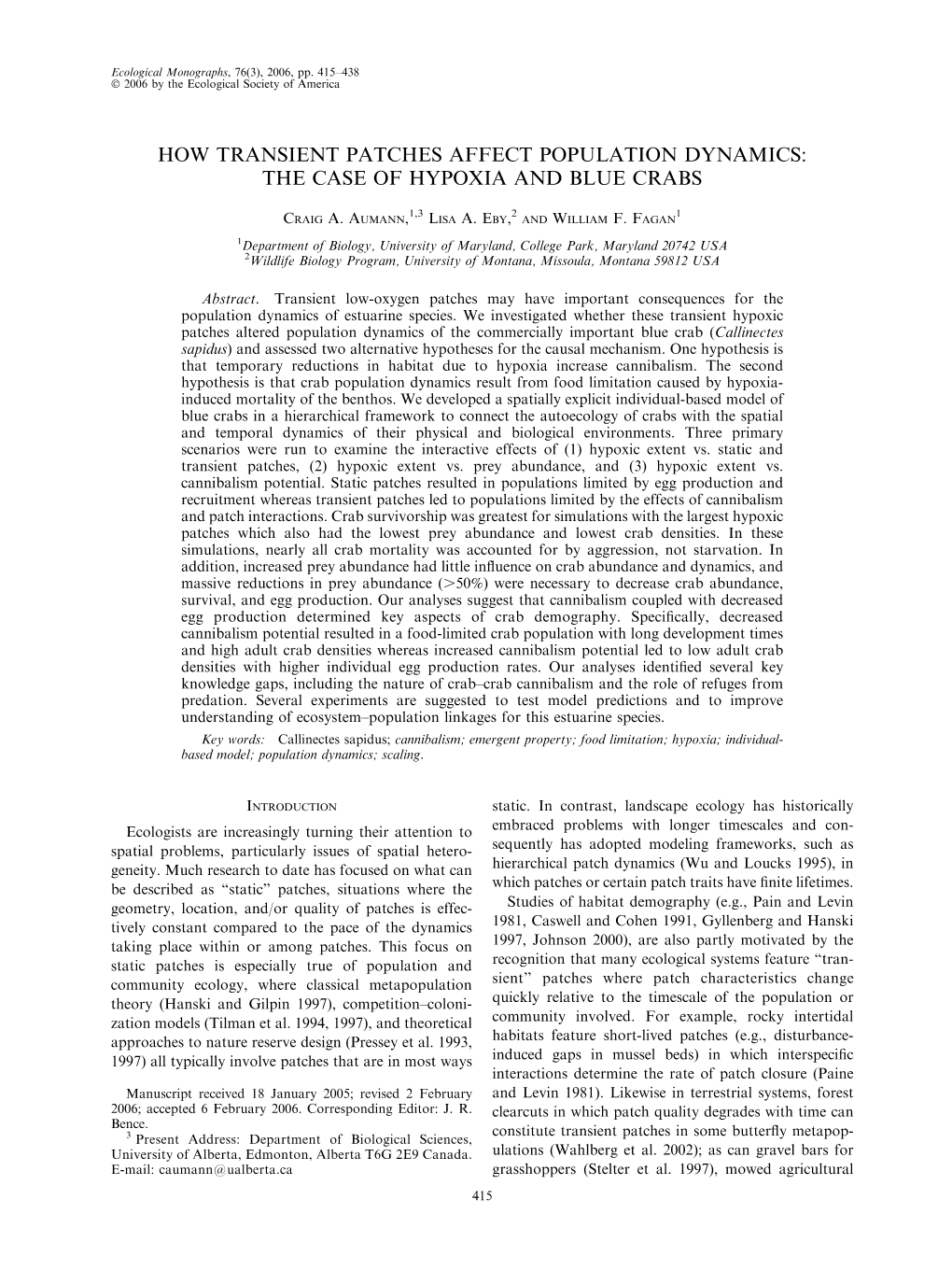 How Transient Patches Affect Population Dynamics: the Case of Hypoxia and Blue Crabs