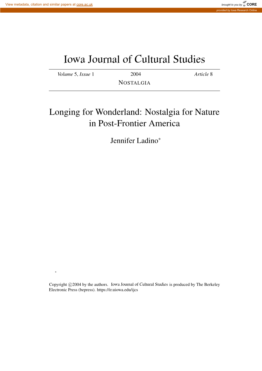 Longing for Wonderland: Nostalgia for Nature in Post-Frontier America