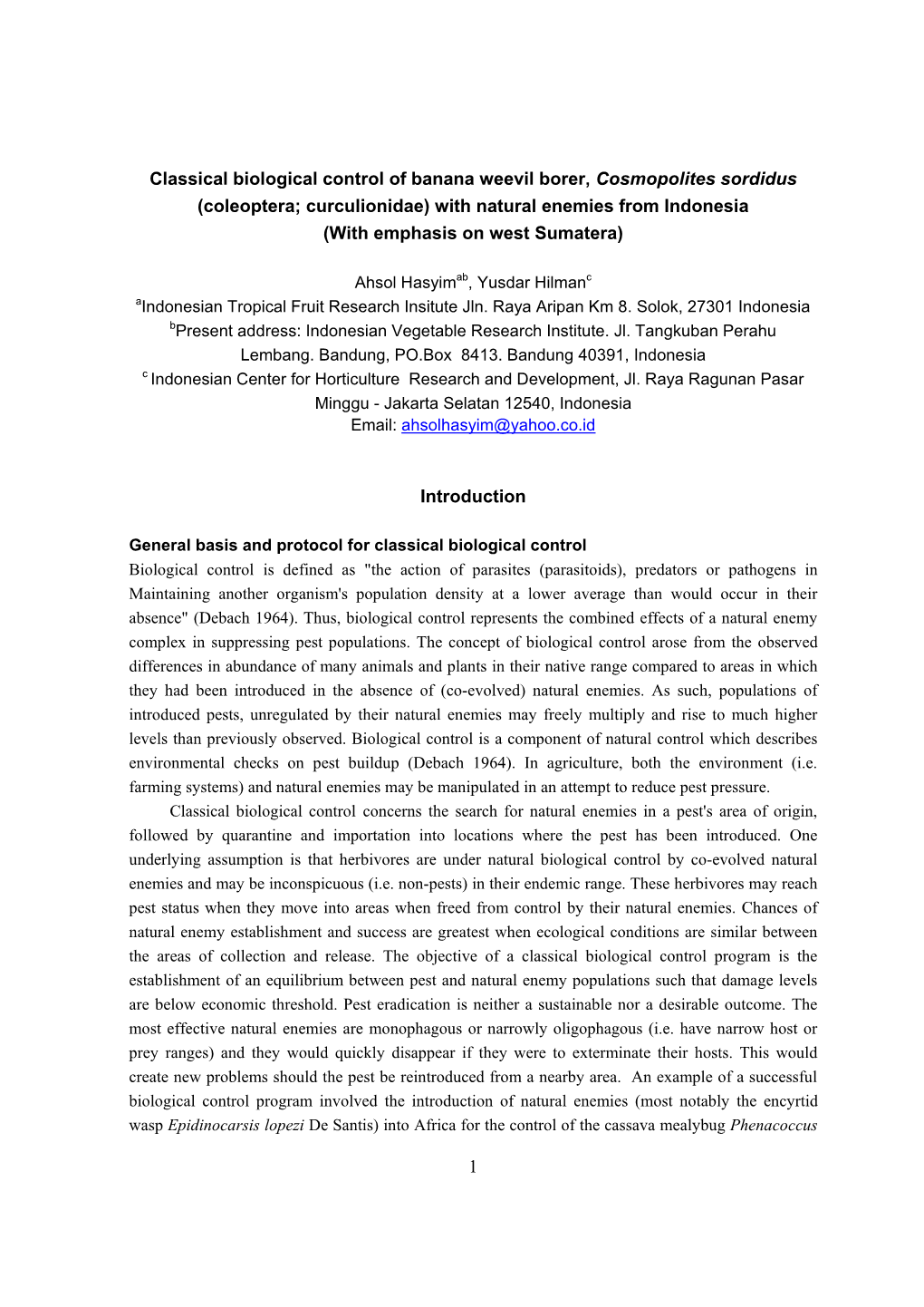 1 Classical Biological Control of Banana Weevil Borer, Cosmopolites Sordidus (Coleoptera; Curculionidae) with Natural Enemies Fr