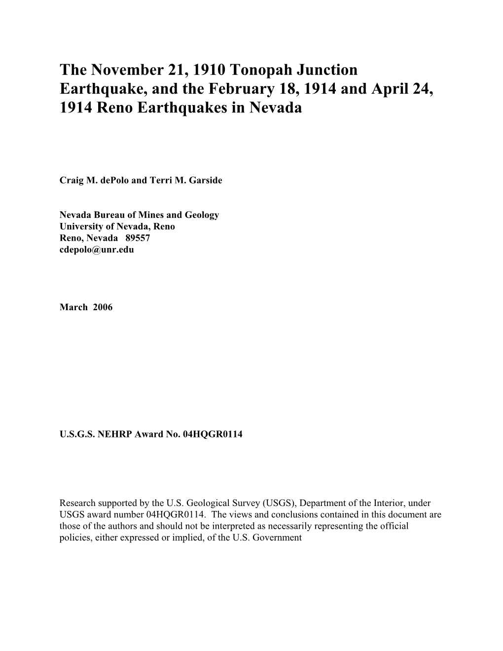 1914 , April 24, Reno Earthquake