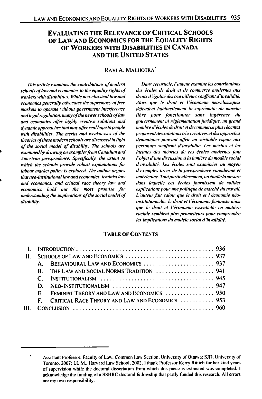 Evaluating the Relevance of Critical Schools of Law and Economics for the Equality Rights of Workers with Disabilities in Canada and the United States