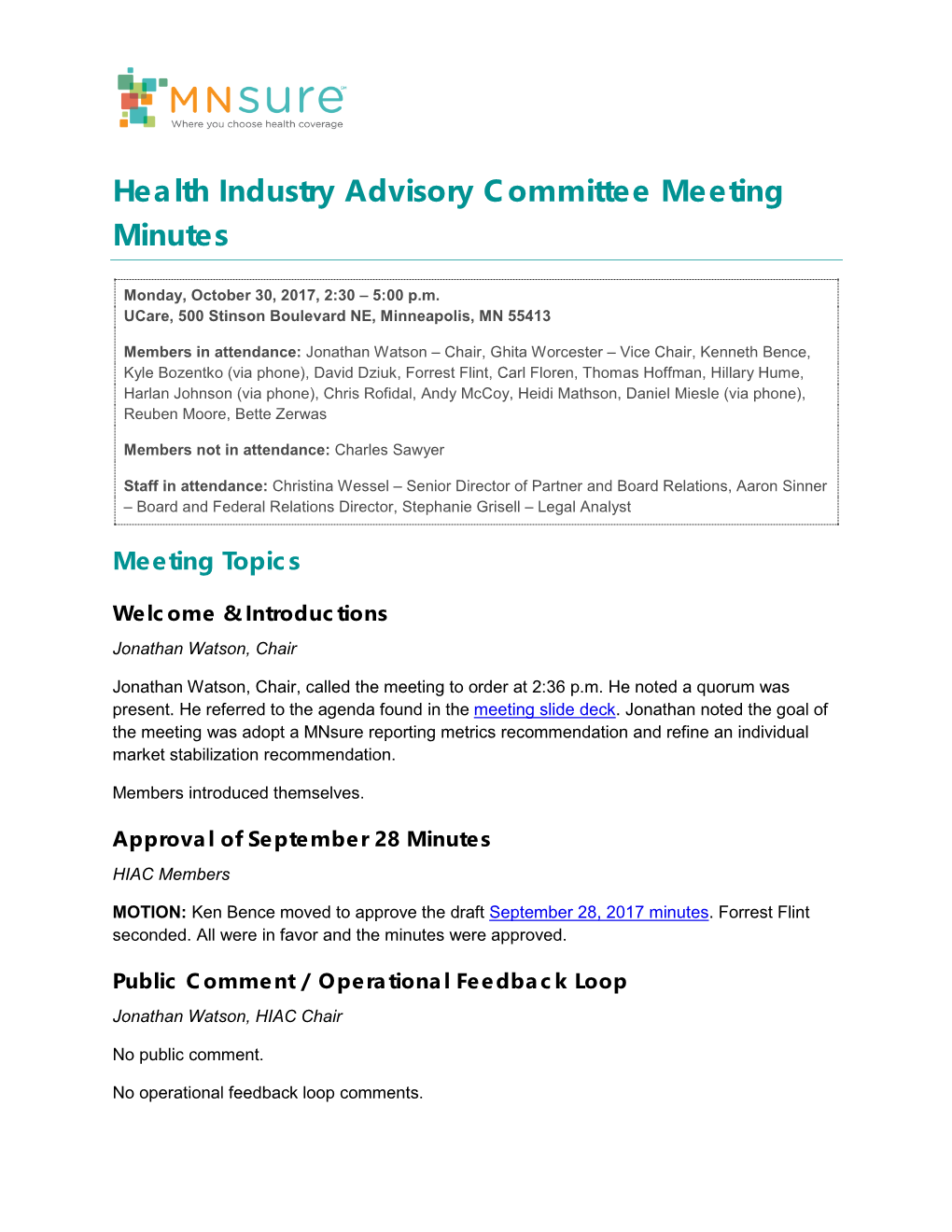 Health Industry Advisory Committee Meeting Minutes