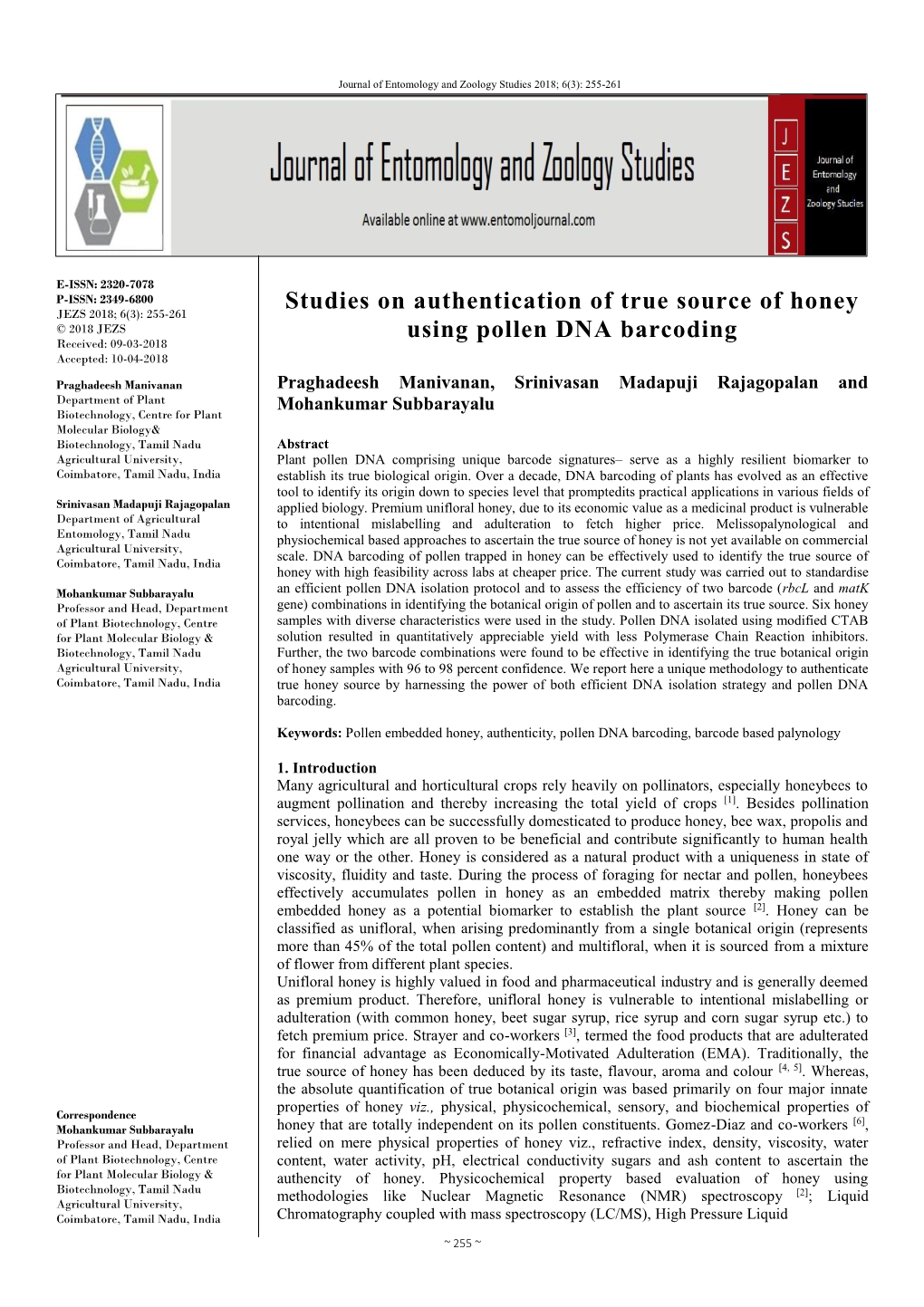 Studies on Authentication of True Source of Honey Using Pollen DNA