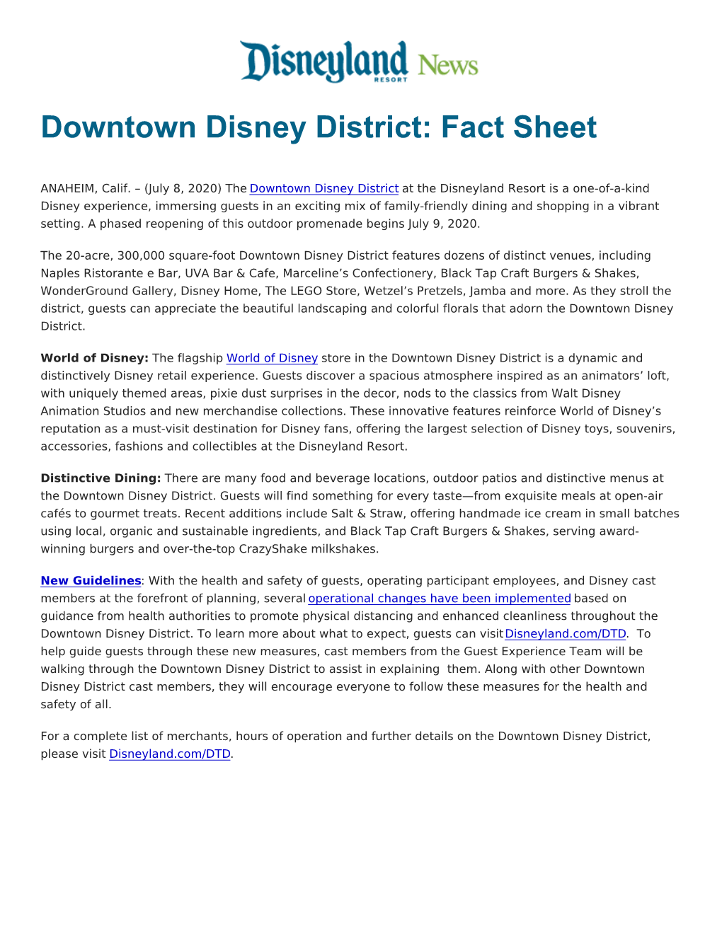 Downtown Disney District: Fact Sheet