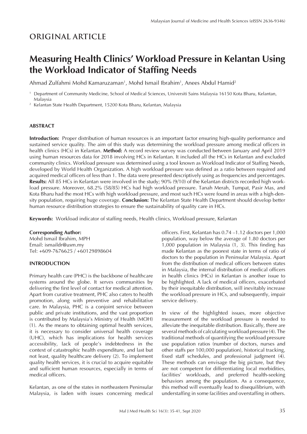 Measuring Health Clinics' Workload Pressure in Kelantan Using The