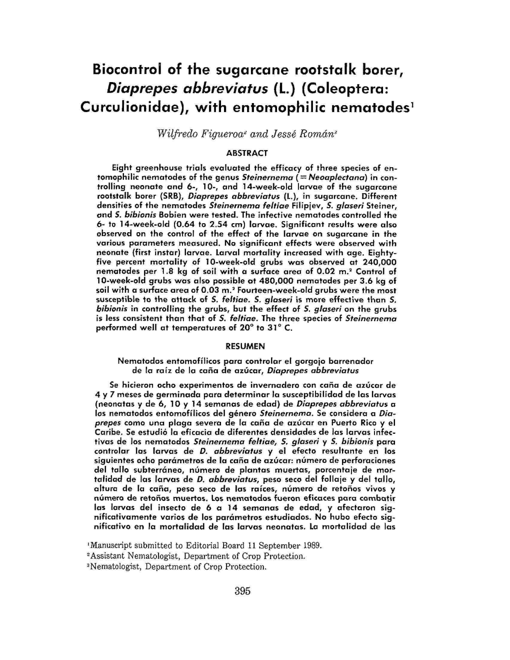 Biocontrol of the Sugarcane Rootstalk Borer, Dioprepes Abbreviatus (L) (Coleoptera: Curculionidae), with Entomophilic Nematodes