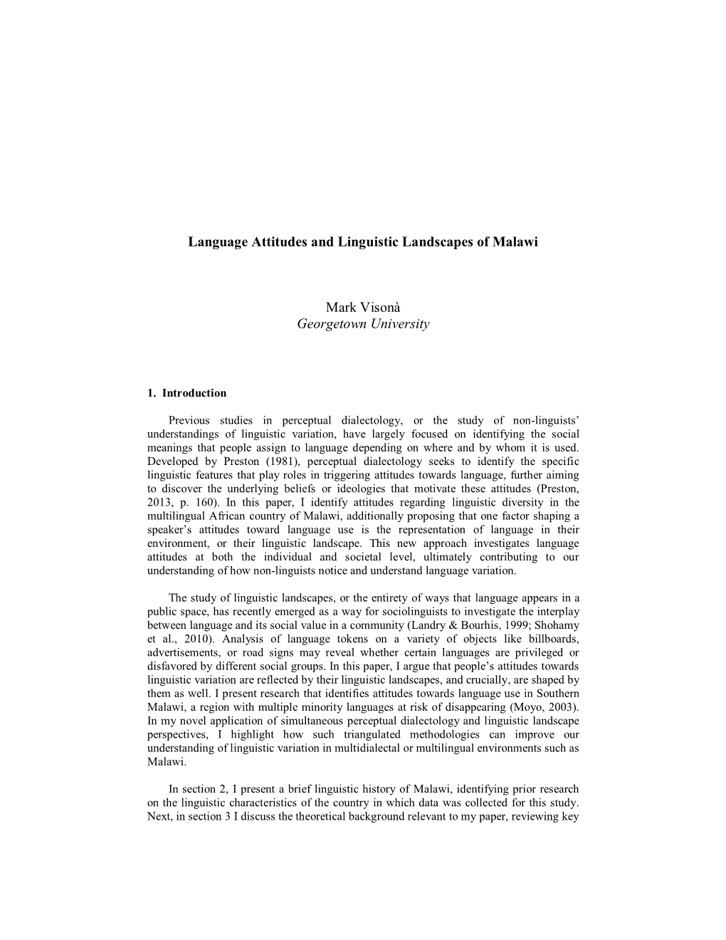 Language Attitudes and Linguistic Landscapes of Malawi Mark Visonà