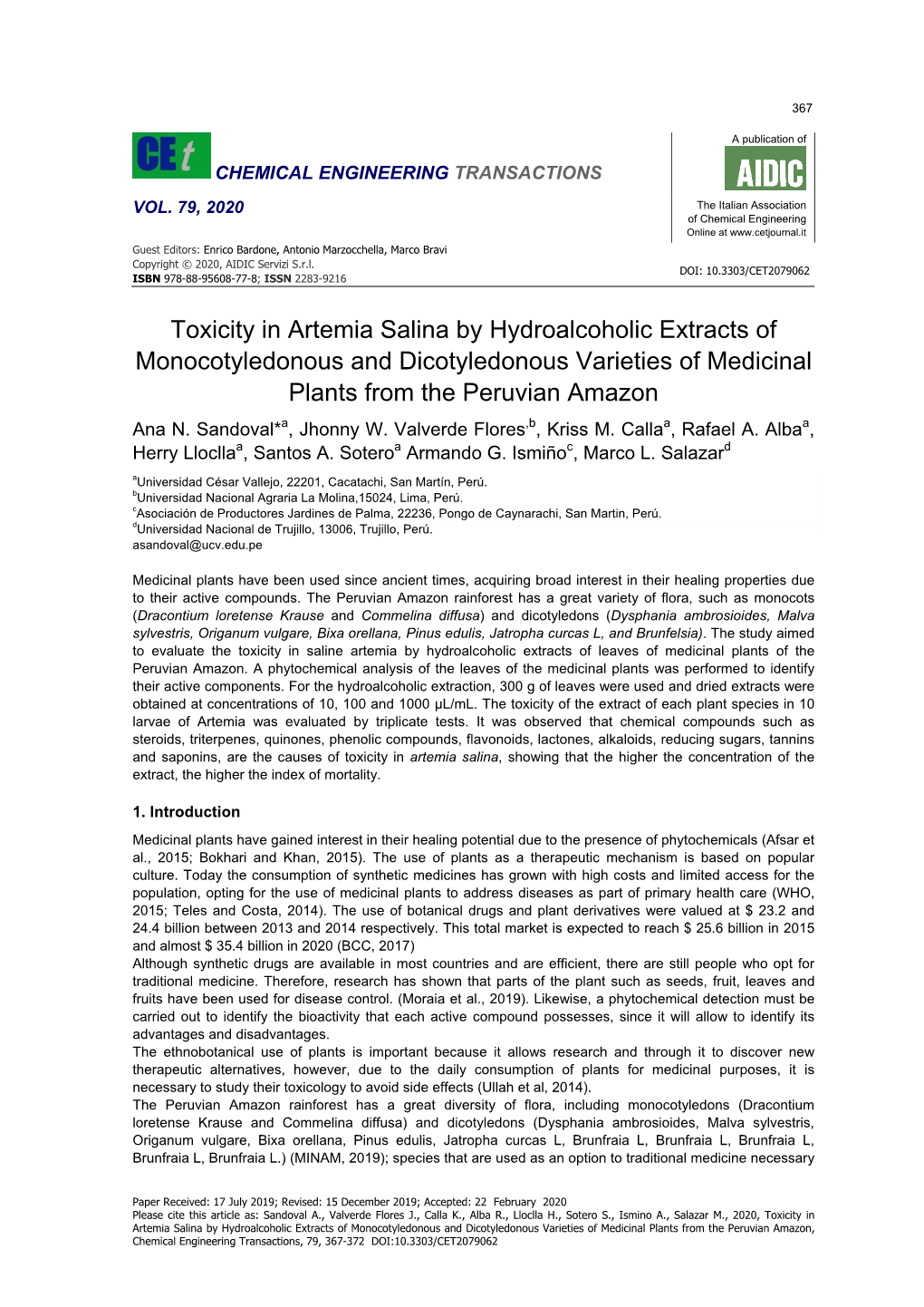 Toxicity in Artemia Salina by Hydroalcoholic Extracts Of