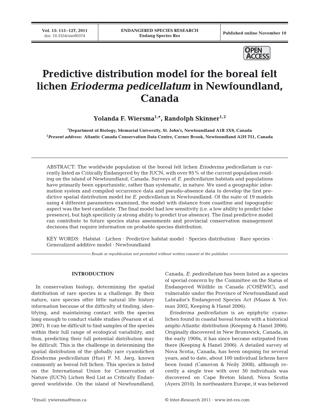 Predictive Distribution Model for the Boreal Felt Lichen Erioderma Pedicellatum in Newfoundland, Canada