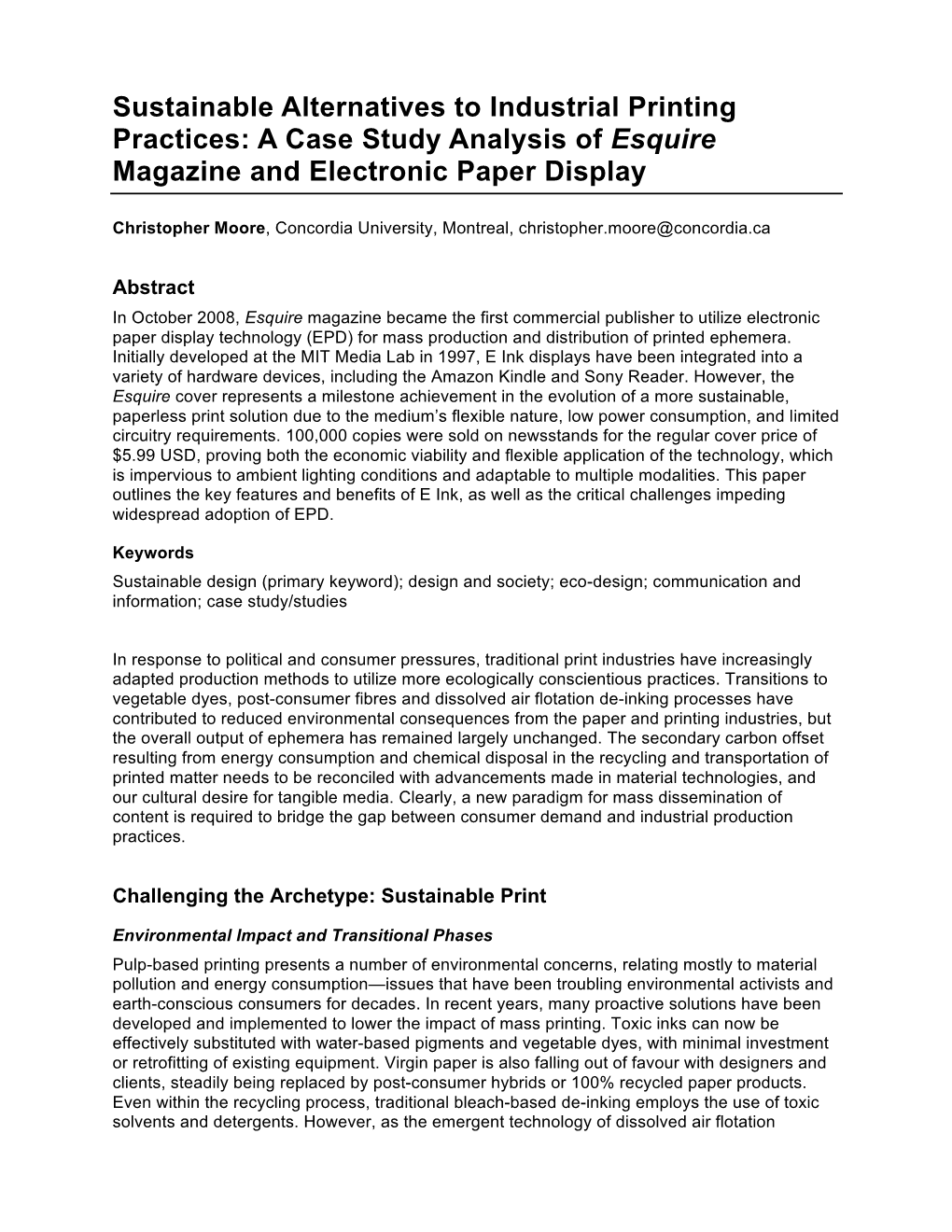 Sustainable Alternatives to Industrial Printing Practices: a Case Study Analysis of Esquire Magazine and Electronic Paper Display