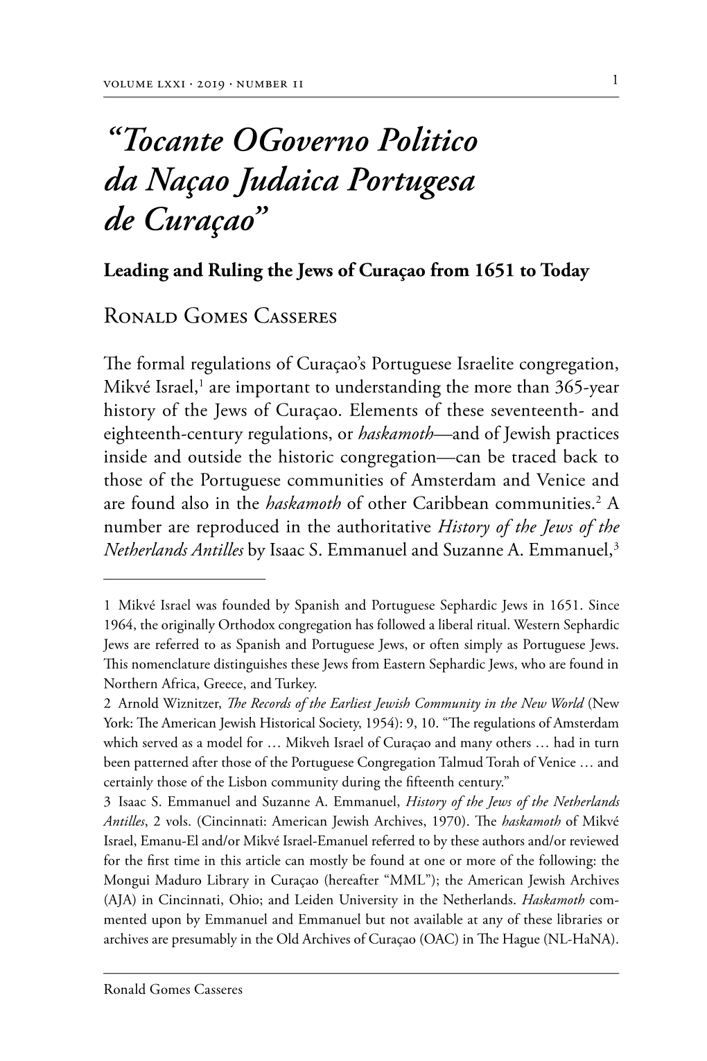 “Tocante Ogoverno Politico Da Naçao Judaica Portugesa De Curaçao”