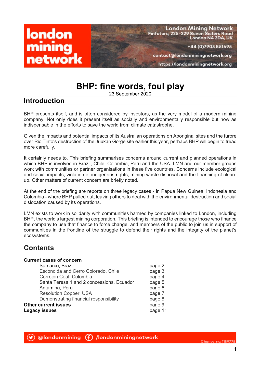 BHP: Fine Words, Foul Play 23 September 2020 Introduction