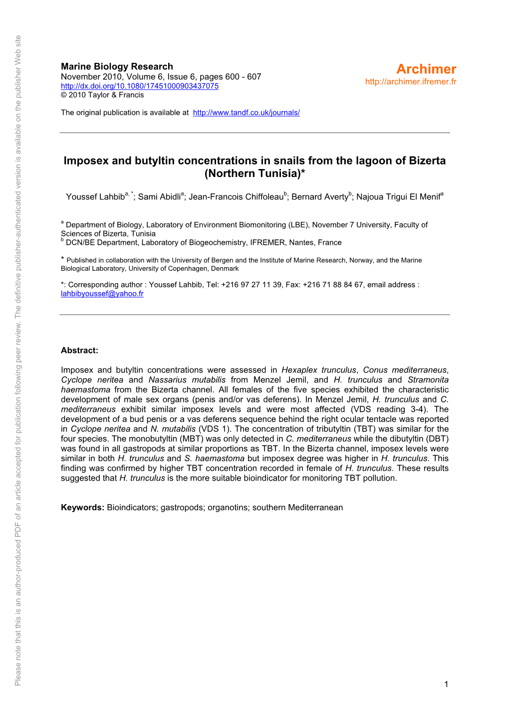 Imposex and Butyltin Concentrations in Snails from the Lagoon of Bizerta