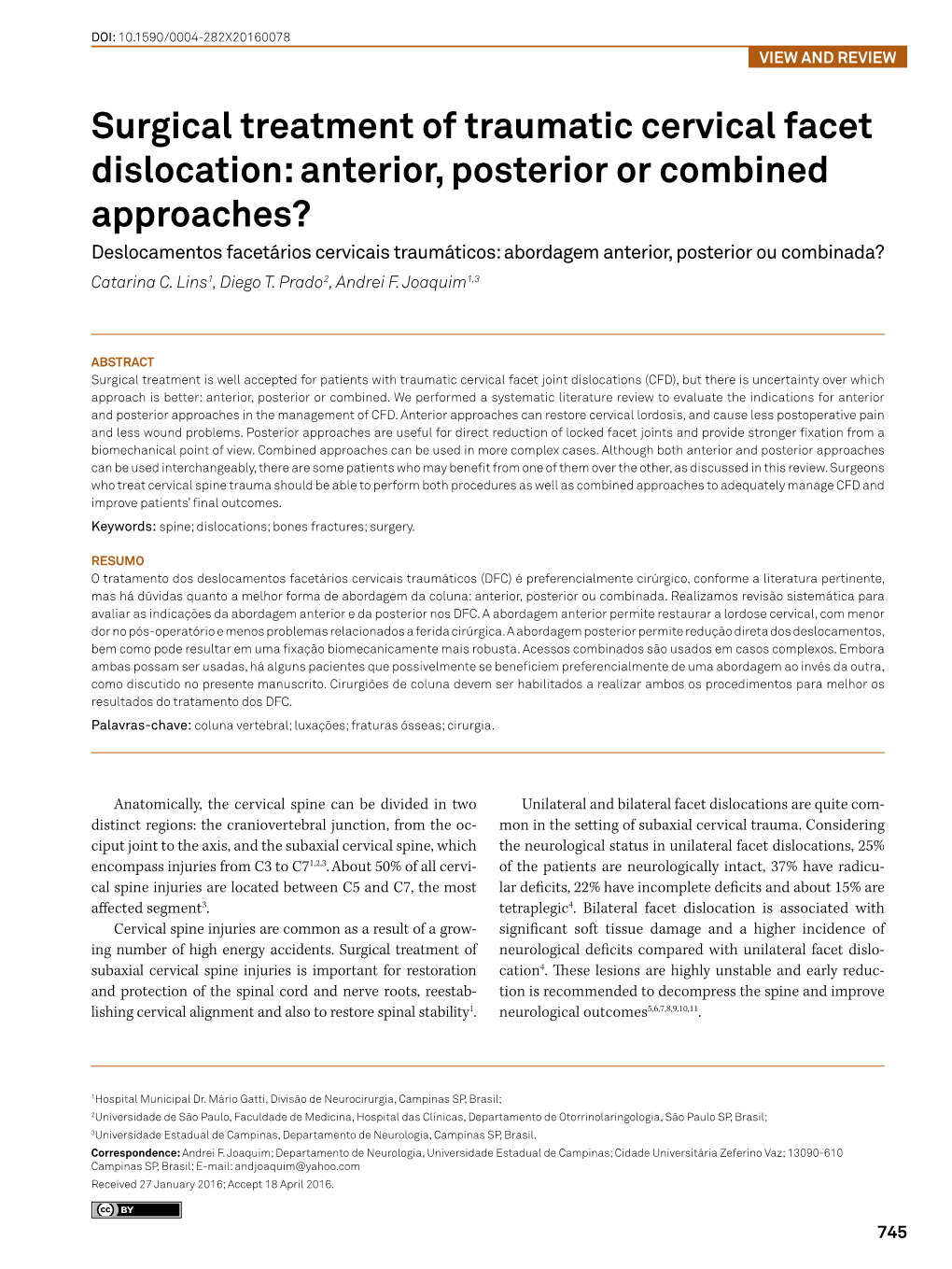 Surgical Treatment of Traumatic Cervical Facet Dislocation