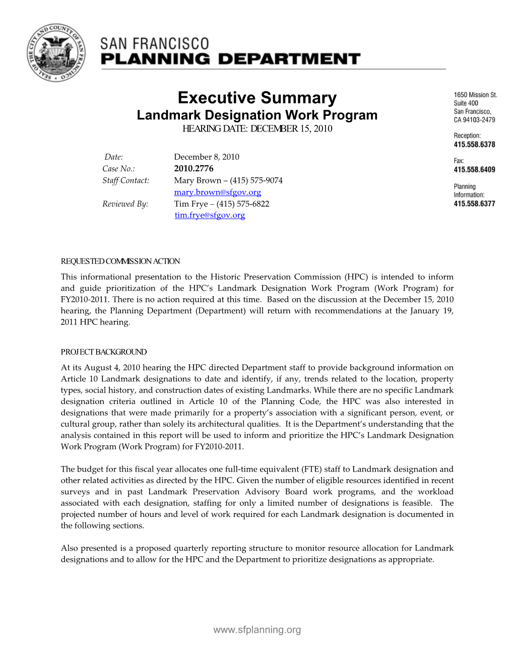 Landmark Designation Work Program HEARING DATE: DECEMBER 15, 2010